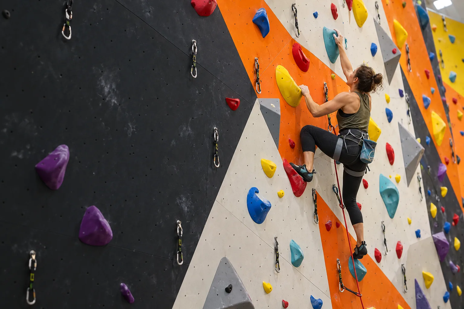 Arrampicatrice adulta sulla parete lead nei colori di Akira