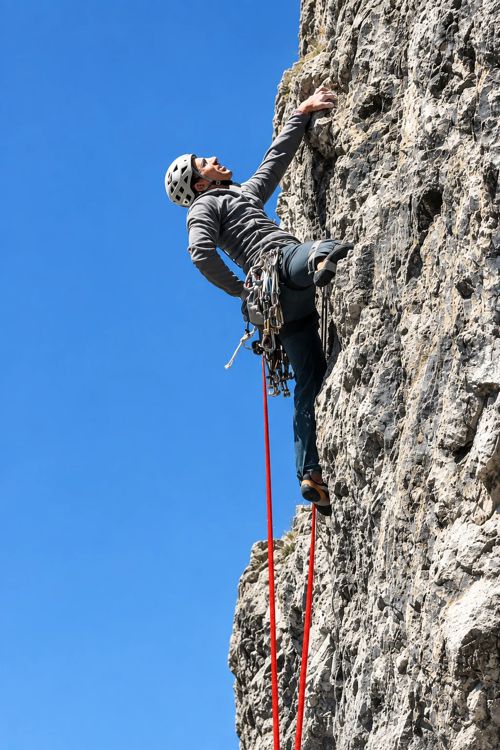 Arrampicatore con casco e corda su una parete di roccia